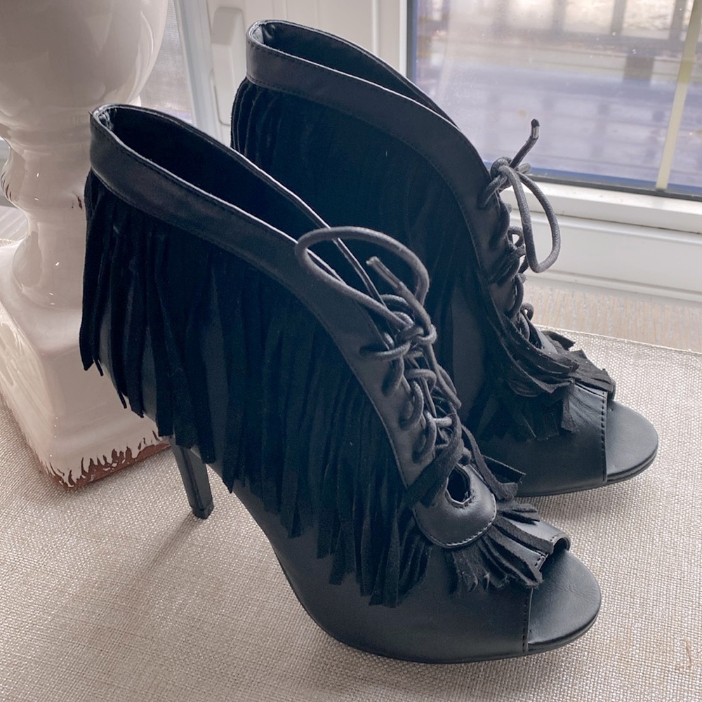 N.Y.L.A. Fringed Open Toe Heels